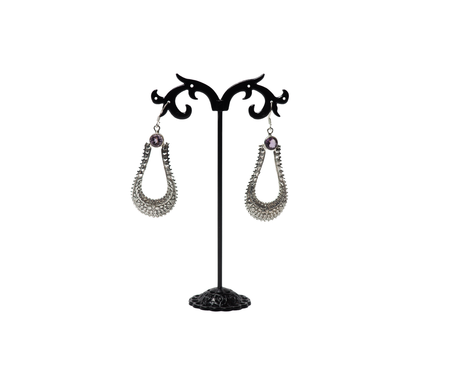 Sterling Silver Dangly Amethyst Oval Earrings