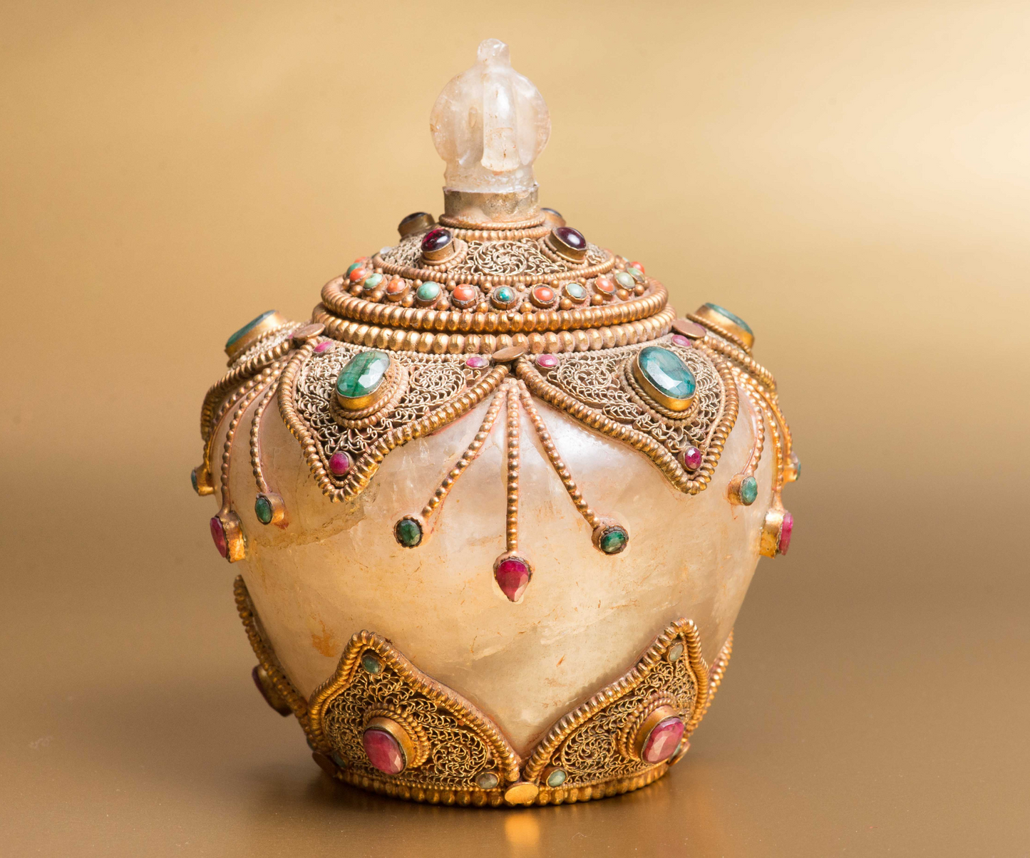 Old Ancient Hand Carved Tibetan Rock Crystal Round Box With emrald Rubin Turqies Stones And bronze