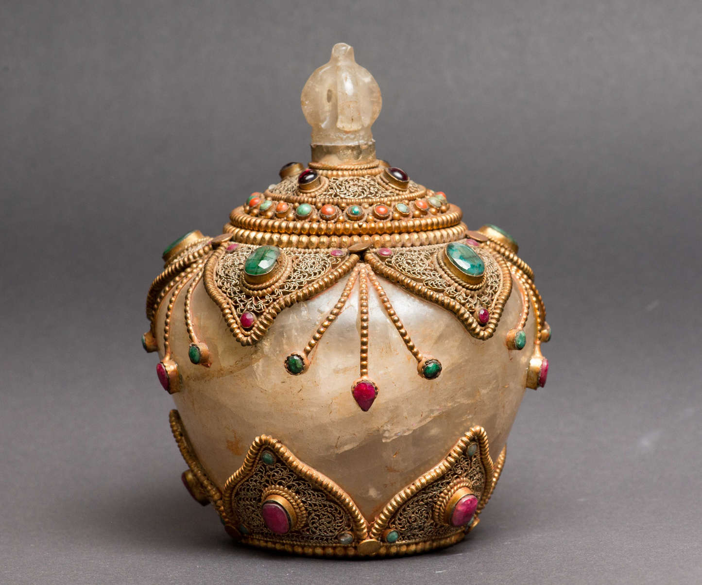 Old Ancient Hand Carved Tibetan Rock Crystal Round Box With emrald Rubin Turqies Stones And bronze