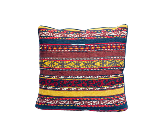 "Handmade 19th Century Uzbek Kilim Cushion Cover - Ghujeri Shape, 100% Wool