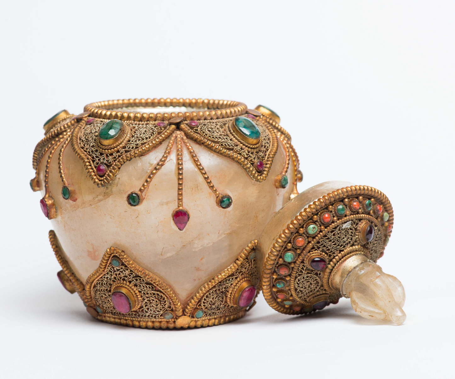 Old Ancient Hand Carved Tibetan Rock Crystal Round Box With emrald Rubin Turqies Stones And bronze