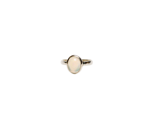 White Oval Opal Sterling Silver Band Ring Dainty Stacking