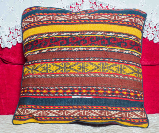 "Handmade 19th Century Uzbek Kilim Cushion Cover - Ghujeri Shape, 100% Wool