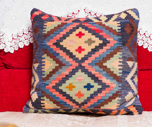 "Handwoven Uzbek Kilim Cushion Cover - 100% Wool from Maimana, Afghanistan