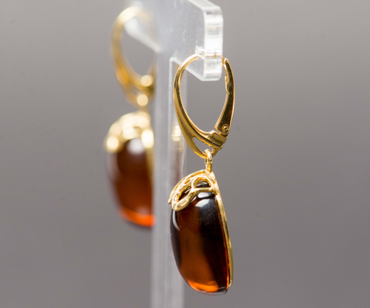 lassy Cognac Amber Earrings, Genuine Baltic Amber, Cognac Amber, Gilded Sterling Silver, Gold Plated Sterling Silver, Amber Gold Earrings